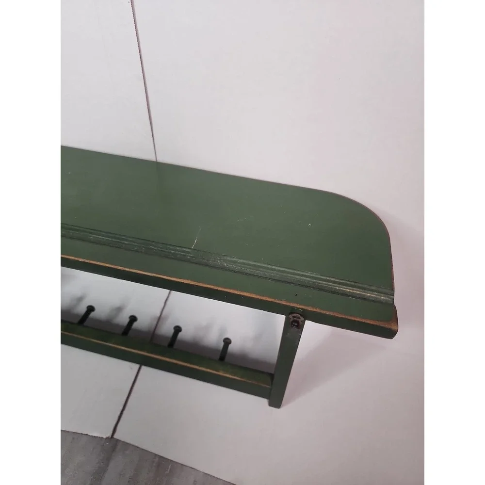 Vintage Green Wood Heart Shelf Five Hooks Cottage Country Distressed 23